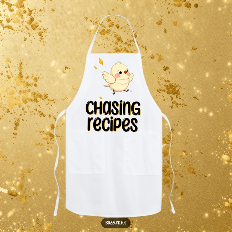 Funny Apron with a charming, downy bird playfully chasing a shimmering, falling leaf, ready for kitchen fun.