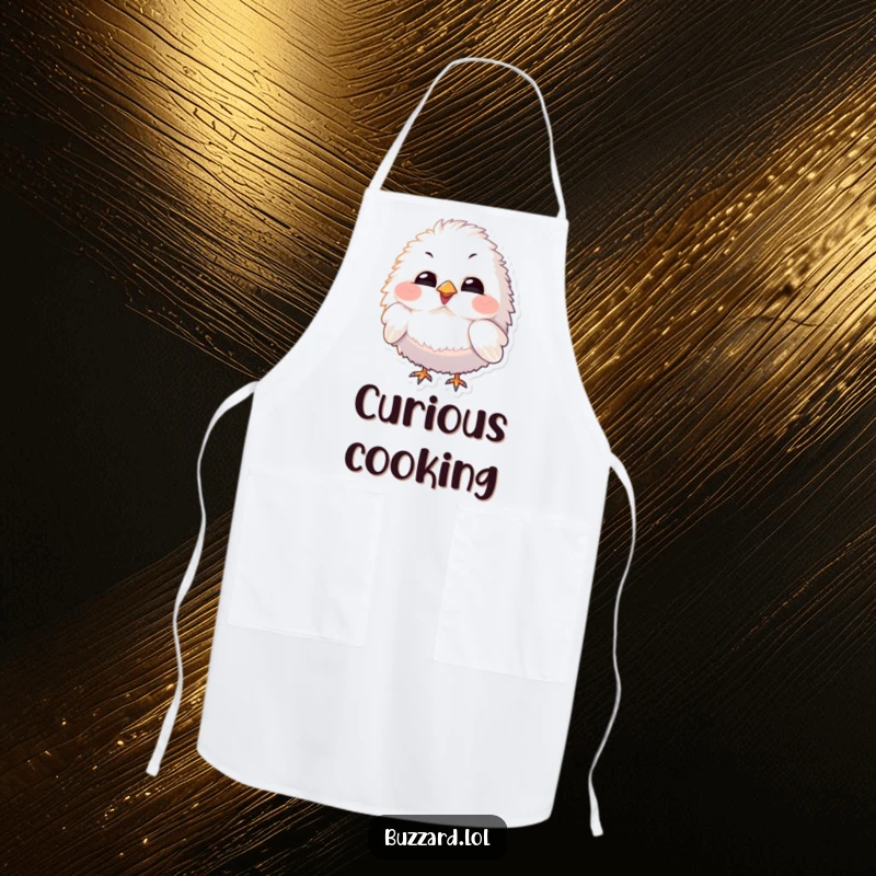 Funny Apron with a fluffy bird character with exaggerated features tilting its head curiously, ready for culinary exploration.