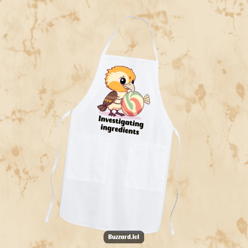Funny Buzzard Apron: A humorous cooking apron showing a funny buzzard curiously examining a giant, striped candy.