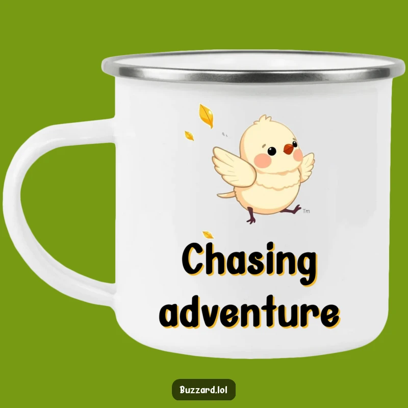 Funny Chasing Bird Camping Mug: Downy Friend's Pursuit, Adventure Funny Gift