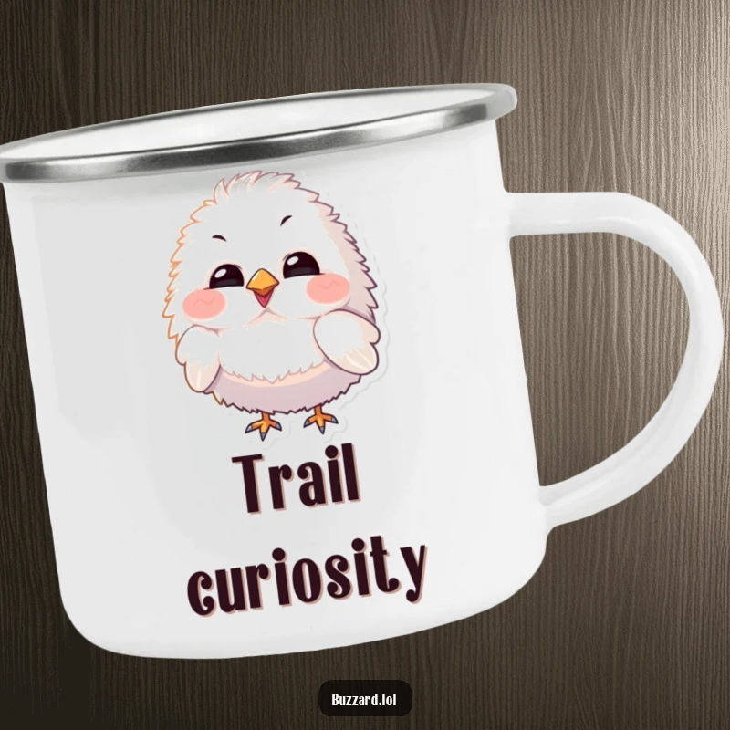 Funny Camping Mug with a fluffy bird character with exaggerated features tilting its head curiously, ready for adventure.