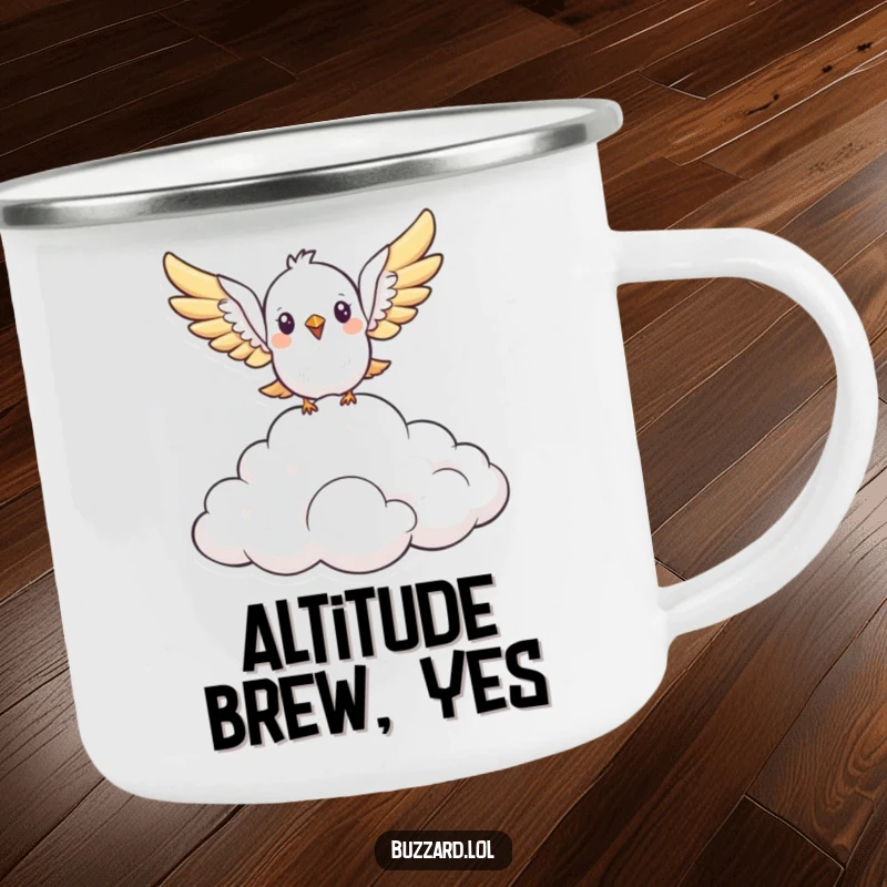 Funny cute, stylized bird with open wings soars above a fluffy cloud formation on a camping mug, built for adventure and humorous inspiration as a gift.