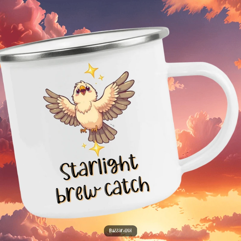 Funny Buzzard Camping Mug: A sturdy mug featuring a funny buzzard catching a twinkling star, for outdoor enjoyment.