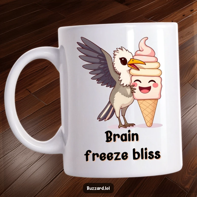 Funny Buzzard Mug: A happy buzzard enthusiastically pecking at a large, smiling ice cream cone in a humorous, delightful scene.