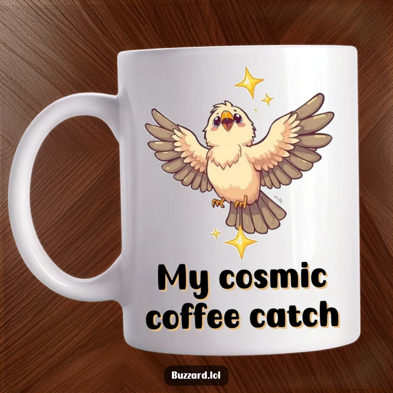 Funny Buzzard Mug: A majestic buzzard with wings spread wide heroically catches a sparkling star in a humorous, cosmic scene.