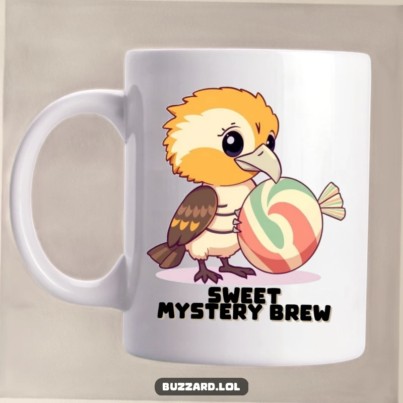 Funny Buzzard Mug: A curious buzzard examining a massive, striped candy with a small, inquisitive expression in a fun design.