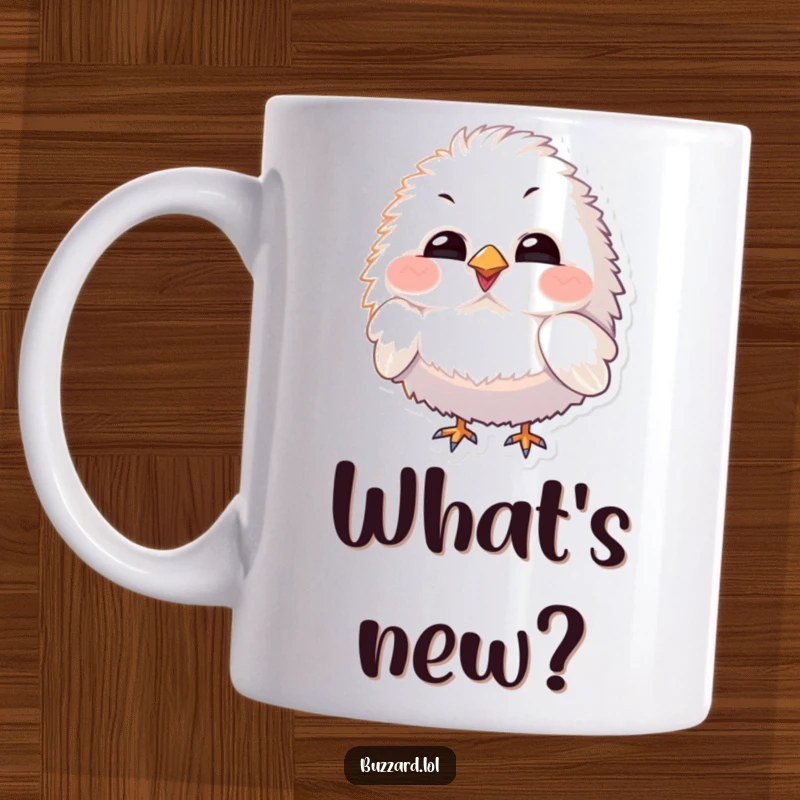 Funny Mug featuring a fluffy bird character with exaggerated features tilting its head curiously, embodying innocent wonder.