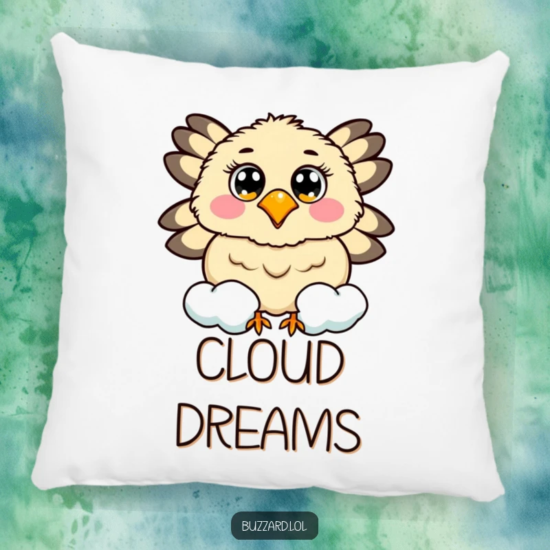 Funny pillow featuring a buzzard with cheerful eyes circling a smiling, fluffy cloud.