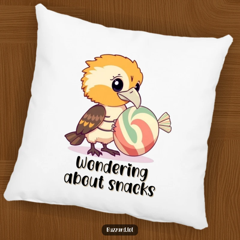 Funny Buzzard Pillow: A plush cushion featuring a funny buzzard with a curious expression examining a huge, striped candy.
