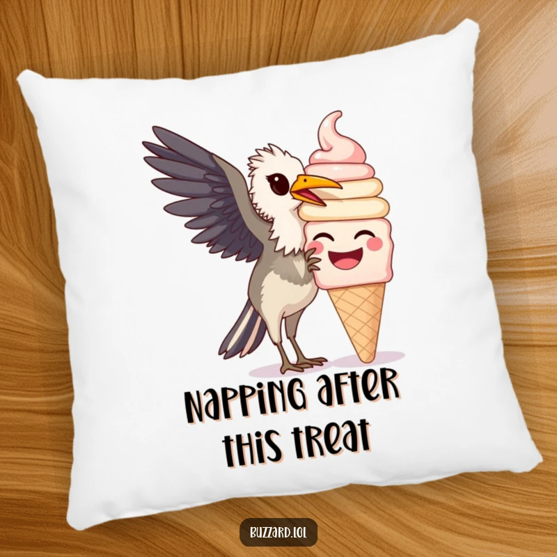 Funny Buzzard Pillow: A plush cushion featuring a funny buzzard happily pecking at a large, smiling ice cream cone.