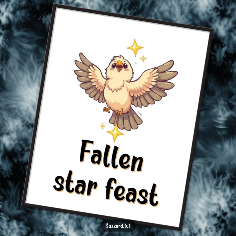 Funny Buzzard Digital Art Print: A humorous buzzard with wings outstretched catches a dazzling star, ready to be printed and framed.