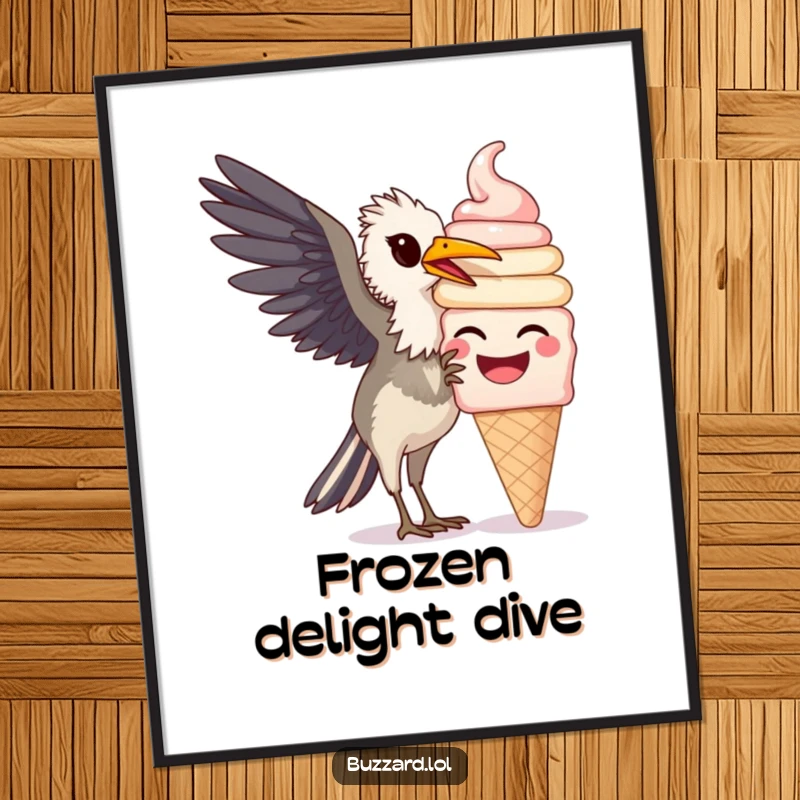 Funny Buzzard Digital Art Print: A humorous buzzard happily pecking at a large, smiling ice cream cone for instant joy.