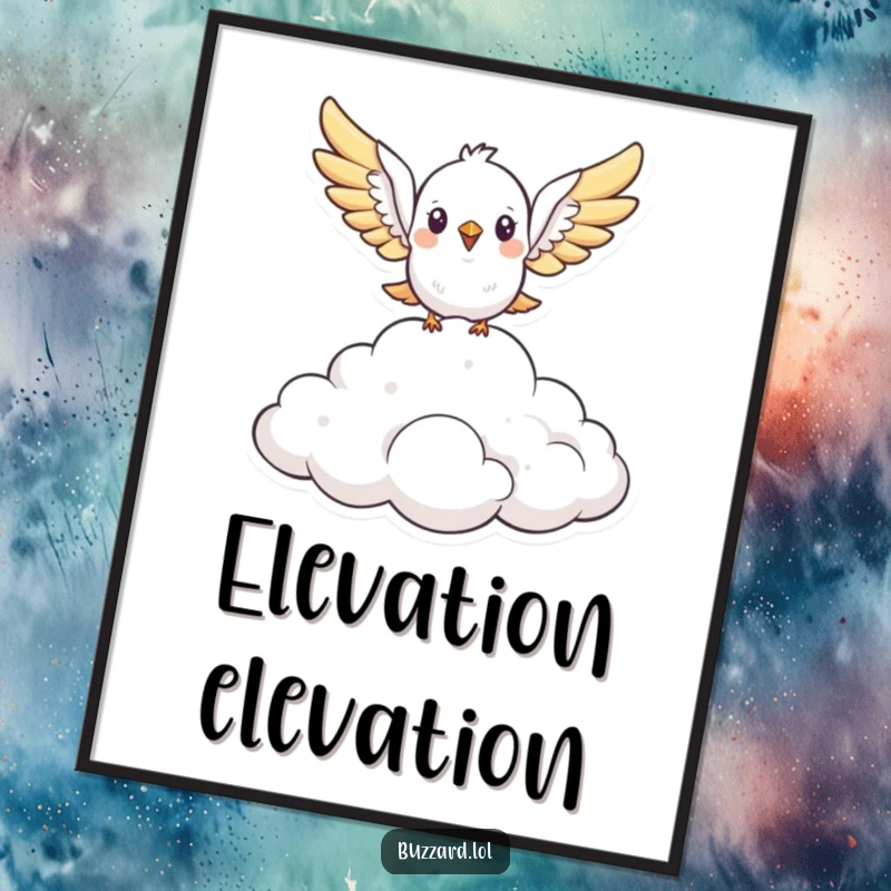 Funny cute, stylized bird with open wings soars above a fluffy cloud formation illustration as a digital art print, providing instant humorous airy decor as a gift.
