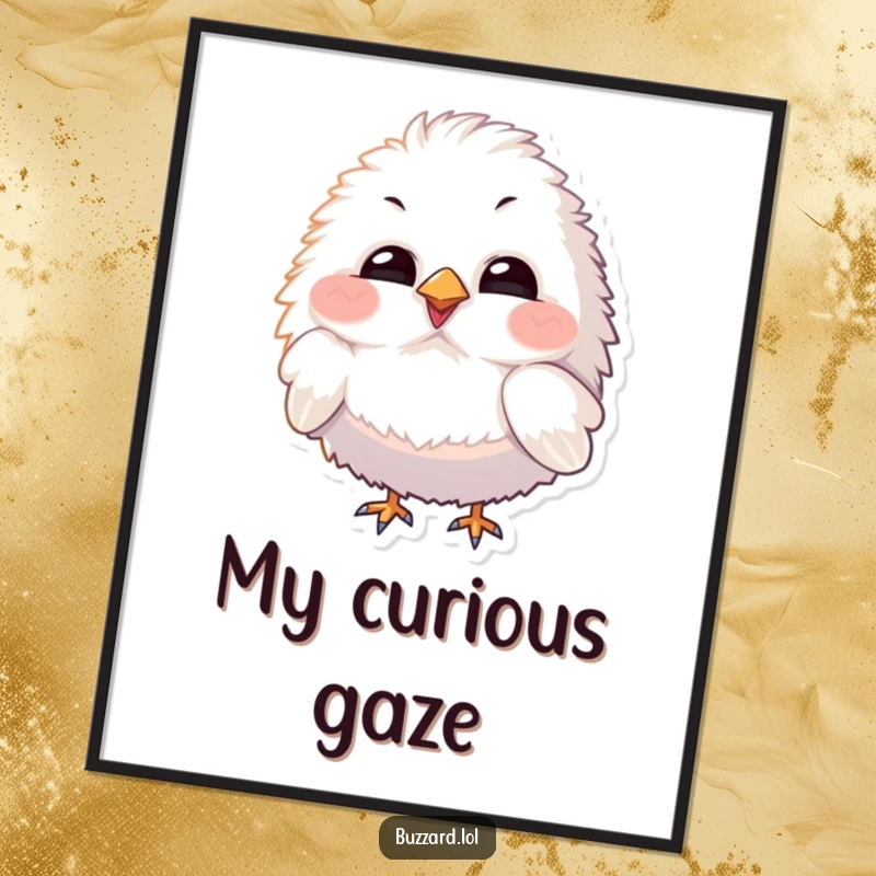 Funny Digital Art Print of a fluffy bird character with exaggerated features tilting its head curiously, full of charm.