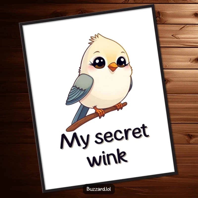 Funny Digital Art Print of a small, comical bird with wide, innocent eyes winking playfully from its perch, full of humor.