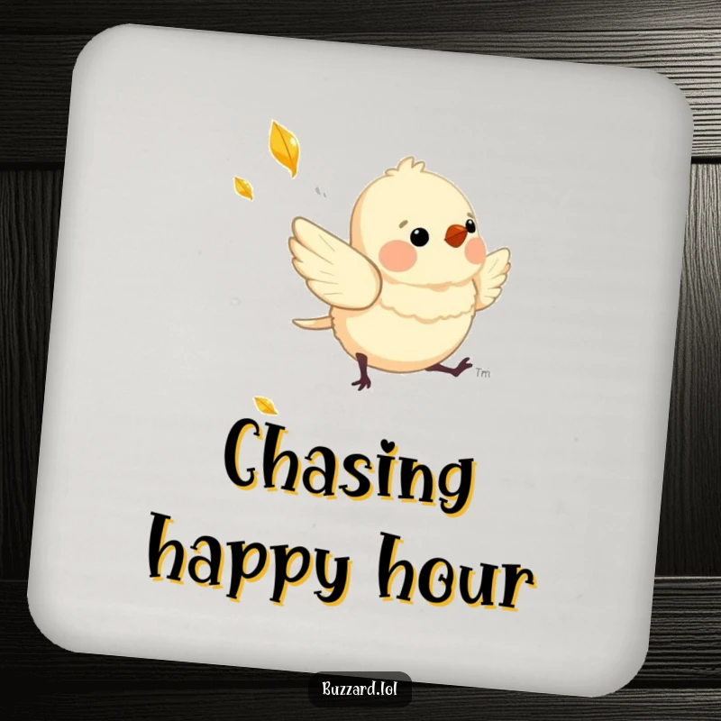Funny Coaster featuring a charming, downy bird playfully chasing a shimmering, falling leaf, adding whimsical charm.