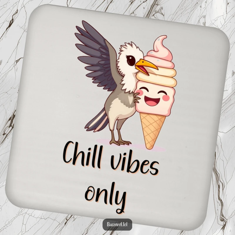 Funny Buzzard Coaster: A humorous coaster showing a funny buzzard happily pecking at a giant, smiling ice cream cone.