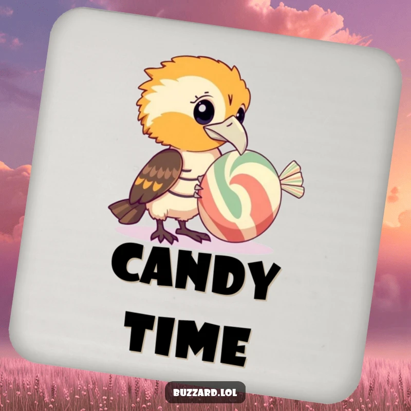 Funny Buzzard Coaster: A humorous coaster showing a funny buzzard with a curious expression examining a giant, striped candy.