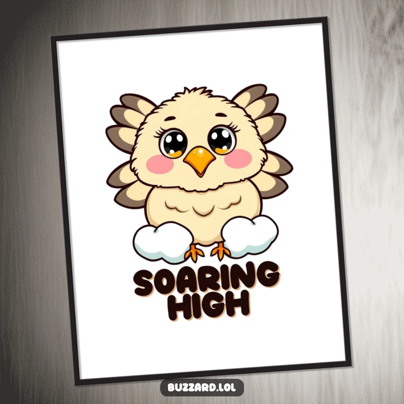 Funny poster of a buzzard with cheerful eyes circling a smiling, fluffy cloud in a bright sky.
