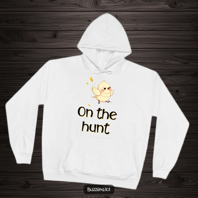Funny Hoodie featuring a charming, downy bird playfully chasing a shimmering, falling leaf, perfect for cozy days.
