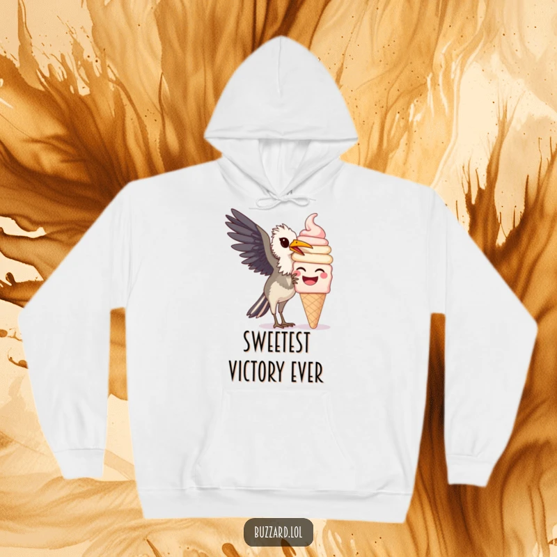 Funny Buzzard Hoodie: A soft, warm hoodie featuring a funny buzzard delightedly pecking at a giant, cheerful ice cream cone.