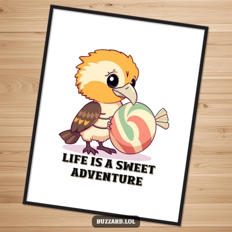 Funny free printable buzzard wall art of a bird curiously examining a giant, striped candy, unique decor.