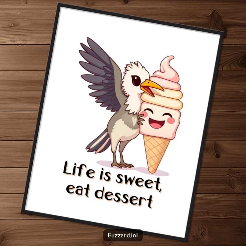 Funny free printable buzzard wall art of a bird happily pecking at a giant, smiling ice cream cone, quirky decor.