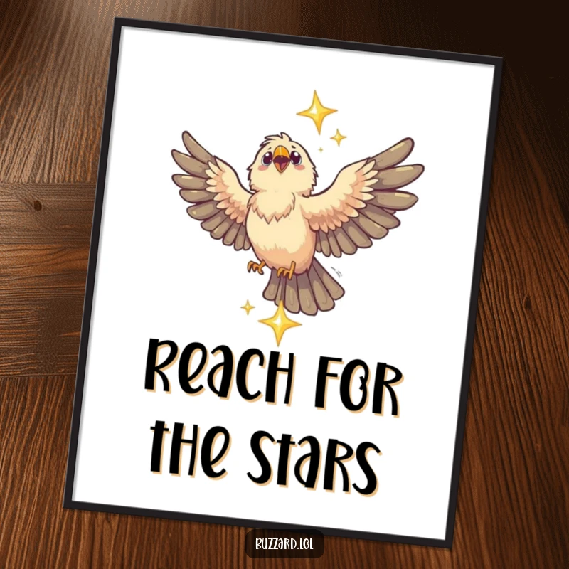 Funny free printable buzzard wall art of a bird with outstretched wings catching a falling sparkling star, quirky decor.