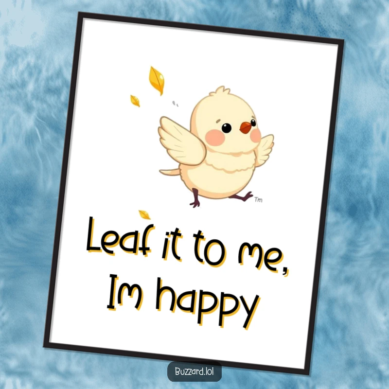 Funny Free Printable Wall Art: A charming bird playfully chasing a shimmering falling leaf, whimsical downloadable decor.