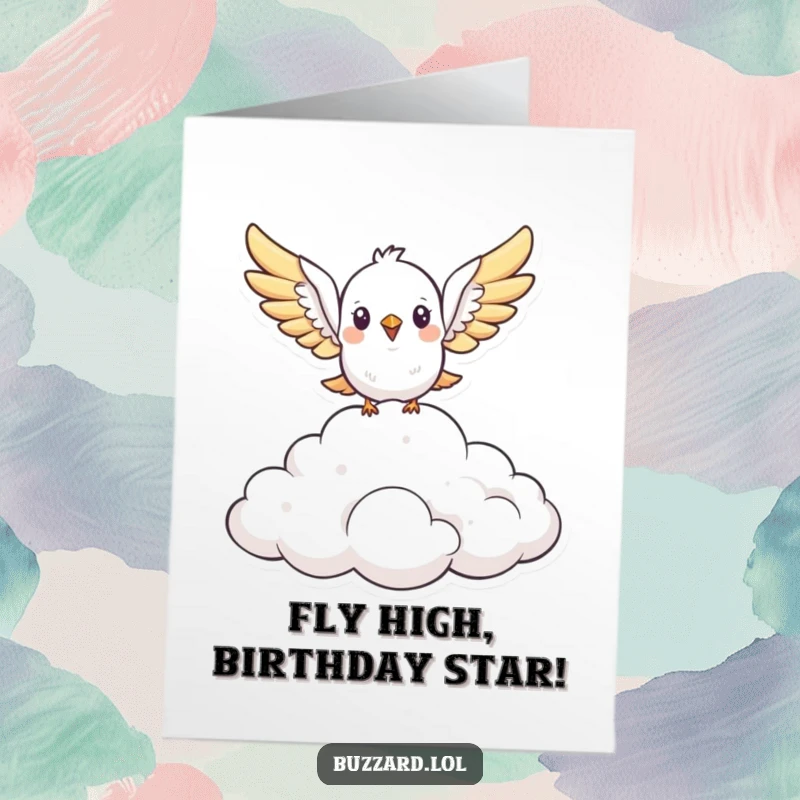 Funny Free Printable Bird Birthday Card: Cute stylized bird soaring above clouds, perfect downloadable gift.