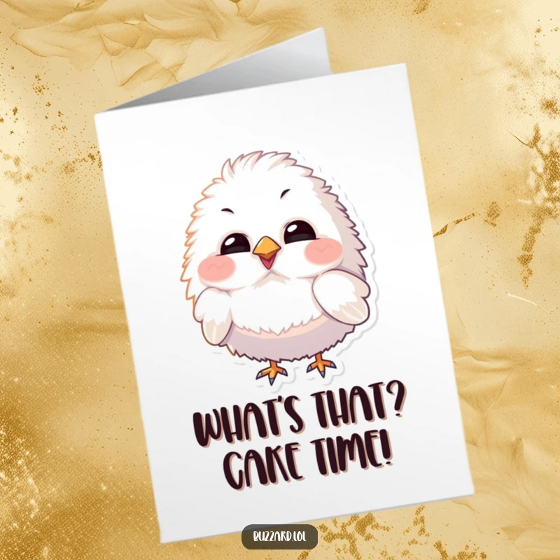 Funny Free Printable Birthday Card: Fluffy bird with exaggerated features tilting its head curiously, ideal for a funny DIY gift.