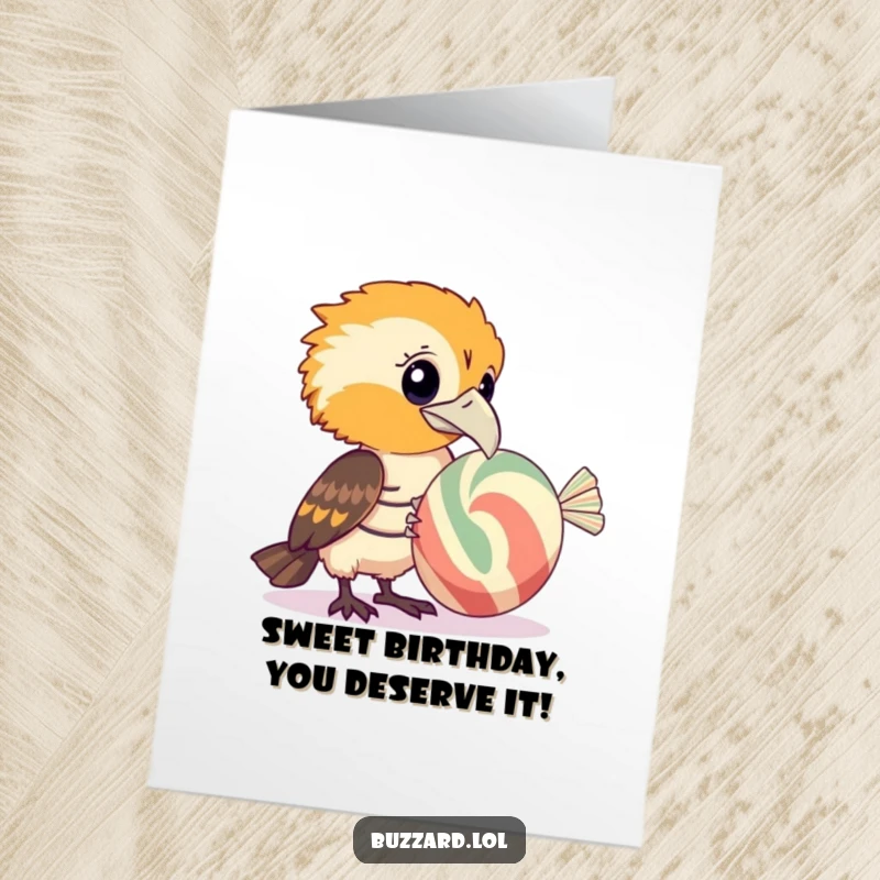 Funny free printable birthday card with a buzzard examining a giant, striped candy with a curious expression.