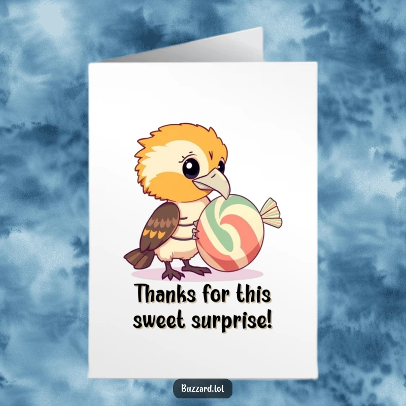 Funny free printable thank you card with a buzzard curiously examining a giant striped candy, expressing thanks.