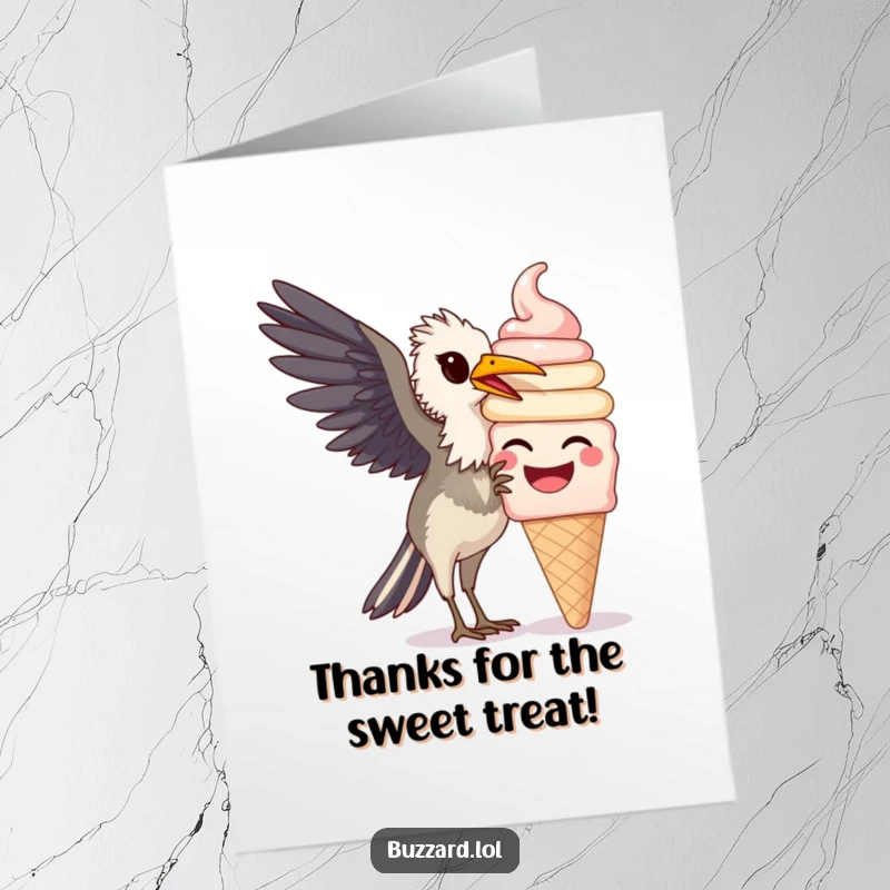 Funny free printable thank you card featuring a buzzard happily pecking at a giant, smiling ice cream cone.