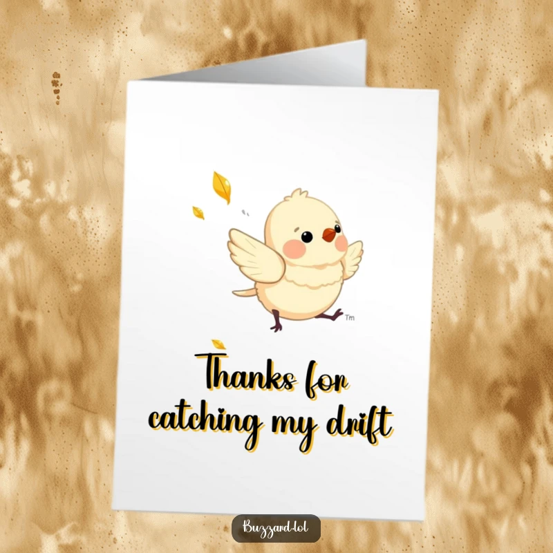 Funny Free Printable Thank You Card: Downy bird playfully chasing a falling leaf, a charming DIY way to express thanks.