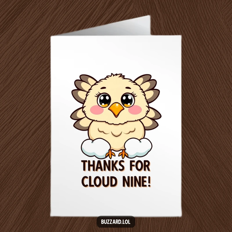 Funny Free Printable Thank You Card of a cheerful buzzard circling a smiling, fluffy cloud.