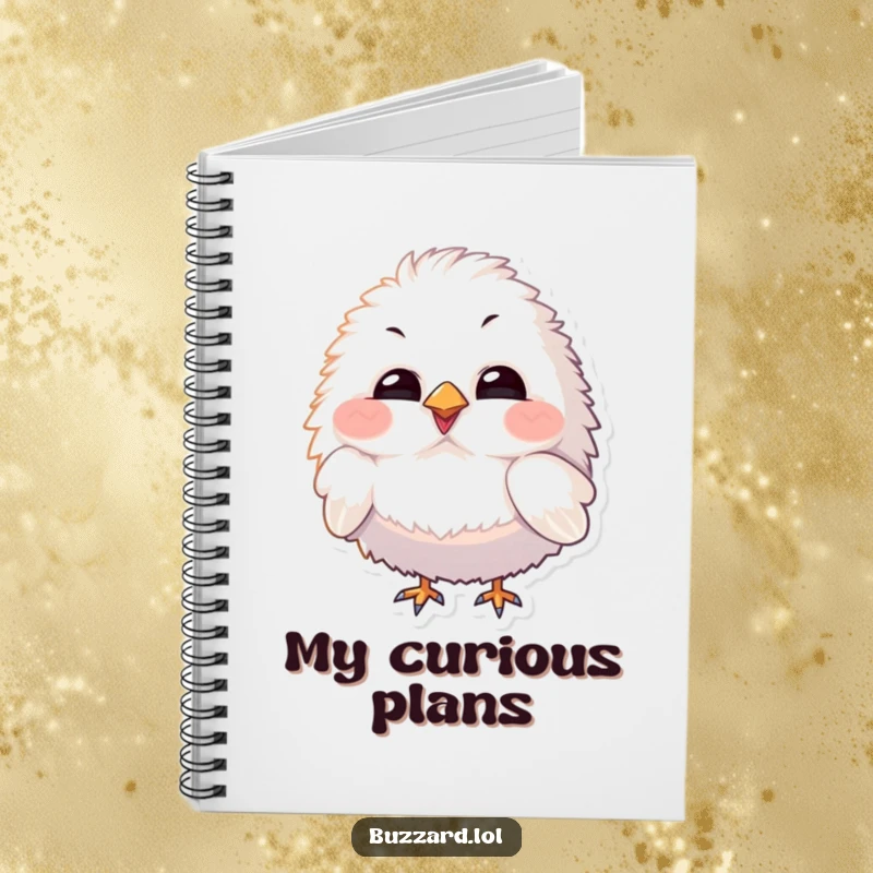 Funny Notebook featuring a fluffy bird character with exaggerated features tilting its head curiously, perfect for note-taking.