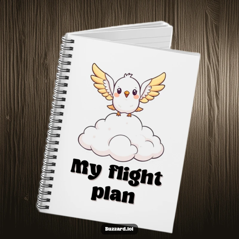 Funny cute, stylized bird with open wings soars above a fluffy cloud formation on a notebook cover, great for jotting down free-spirited ideas as a gift.