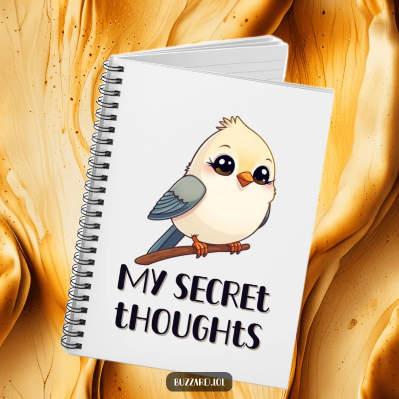 Funny Notebook featuring a small, comical bird with wide, innocent eyes winking playfully from its perch, perfect for jotting ideas.