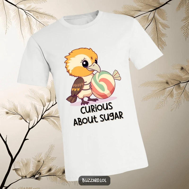 Funny Buzzard T-Shirt: A humorous buzzard with a curious look intently examining a large, colorful striped candy.