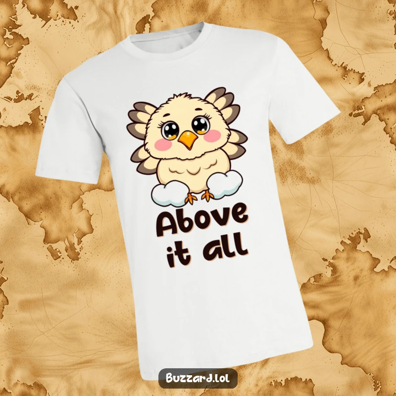 Funny t-shirt with a buzzard with cheerful eyes circling a smiling, fluffy cloud.