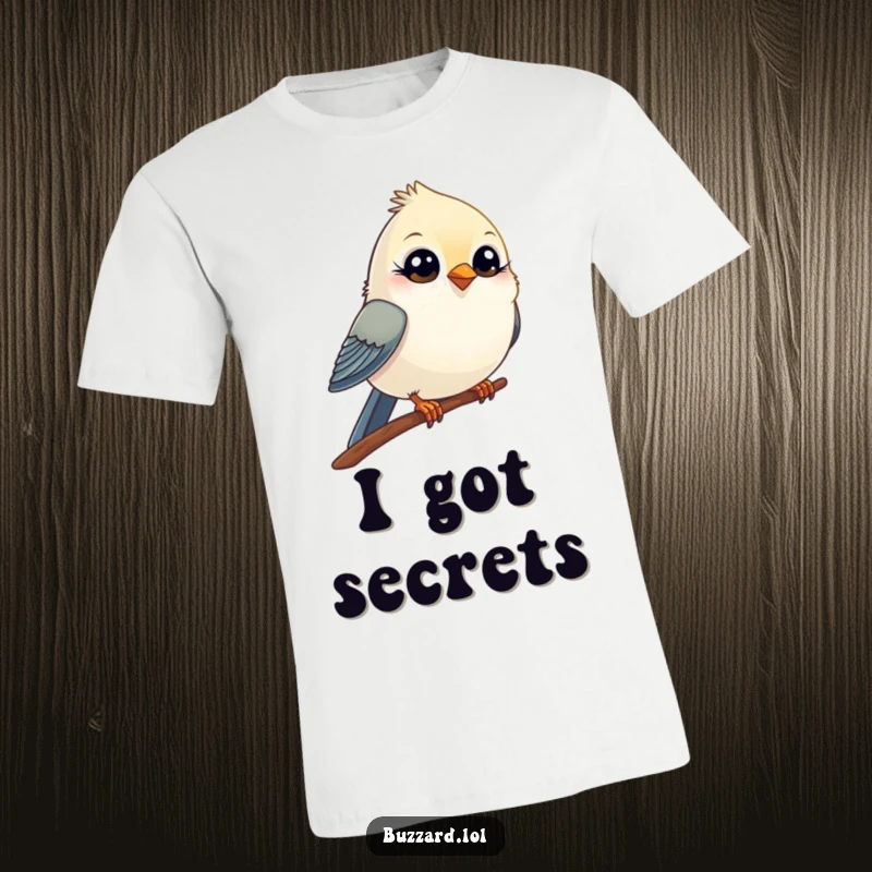 Funny T-Shirt showcasing a small, comical bird with wide, innocent eyes giving a playful wink from its perch, exuding a cheeky vibe.