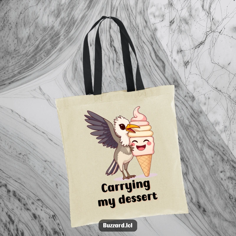 Funny Buzzard Tote Bag: A charming tote showcasing a funny buzzard happily pecking at a huge, smiling ice cream cone.