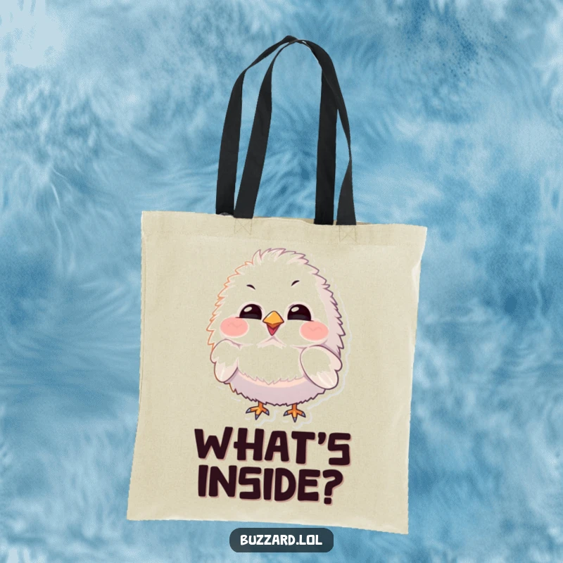 Funny Tote Bag with a fluffy bird character with exaggerated features tilting its head curiously, adding a touch of whimsy.