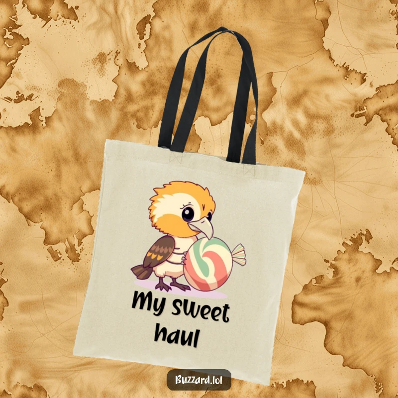 Funny Buzzard Tote Bag: A fun tote showcasing a funny buzzard curiously examining a gigantic, striped candy.